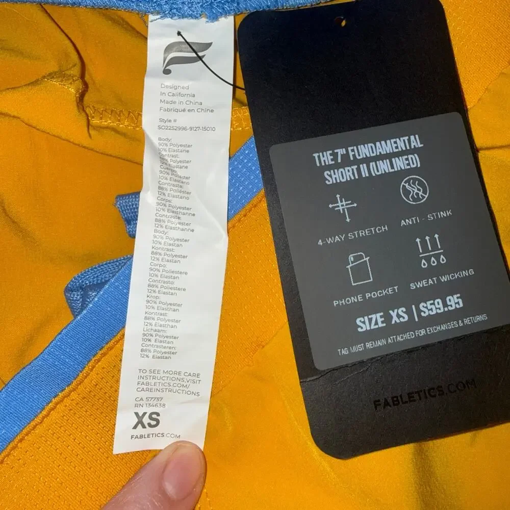 New Fabletics Fundamental II Shorts XS 7” Unlined Yellow Gold Baby Blue NWT